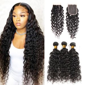 32 38 40inch Water Wave Bundles with Closure Peruvian Weave Bundels and Frontal Lace Closure