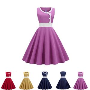 Swing Women Letni sukienka 2022 Casual Elegancka retro vintage 50s 60s 60s Rockabilly Party Sukienki Kobieta żółty granatowo -czerwony fiolet Y220526