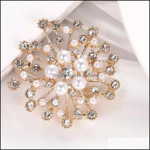 Pimler Broşlar Takı Moda Takliti İnci Rhinestone Kristal Metal Çiçek Kadınlar İçin Düğün Gelin Partisi Yuvarlak Buket Broş Pin Damla