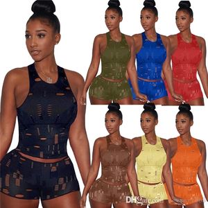 2022 Sexy Designer Tracksuits para roupas rasgadas das mulheres Duas peças Shorts Set verão sem mangas colete top motociclista casual jogging ternos