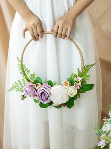 Wedding Flowers Purple Rose Bouquet Gold Iron Metal Ring Portable Garland Bridal Artificial Wreath Home DecorationWedding