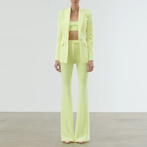 Kvinnors tv￥delade byxor Runway Banket Wedding Fashionista Cocktail Party Designer Set Set Single Button Blazer Flare Pants Suit T081