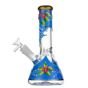 Blumige Eleganz: 8,9-Zoll-Becherbong mit blauem Blumenmuster, geradem Rohr und diffusem Downstem-Perkolator, 14-mm-Innengewinde