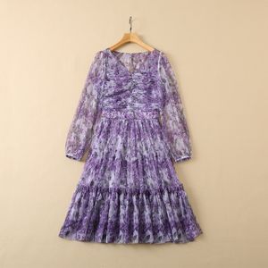 2022 Autumn V Neck Sheer Tulle Floral Dress Romantic Purple Long Sleeve Ruched Knee-Length Dresses 22G210040