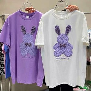 Women's T-Shirt Harajuku Pure Cotton Purple Crystal Diamonds Embroidery Cute T Shirts Kawaii Women Girls Loose Casual Tops Korean FashionWom