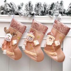 Stock Christmas Decorations Gift Rose Gold Pink Socks Kids Favor Santa Claus Xmas Elk Snowman Bag Tree Decor Children GiftChristmas