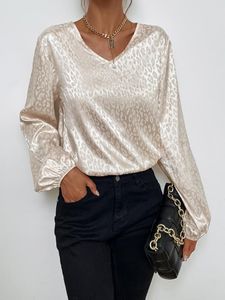 Bluzki damskie koszule Spring Lopard Koszulka Koszula z długim rękawem pullover satynowy Jacquard bluzka z dekoltem moda luźna femme top 2022-Domen's