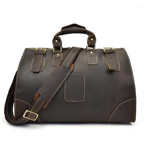 Men vintage Crazy Horse Horse Leather Travel Bag Zip Genuine Weekend em torno da Luggage Hand Duffle1