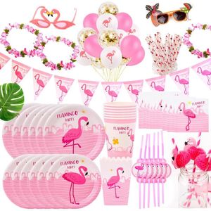 Украшение вечеринки Fengrise Pink Flamingo День рождения на Гавайях Тропический летний гавайский свадебный одноразовый посуда