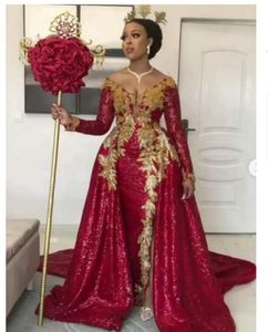 2022 Red Sequins Mermaid Prom Party Dresses Overskirt Train Off Shoulder Long Sleeves Gold Lace Plus Size Formal Evening Occasion Gowns Vestidos De Noiva B0606x11