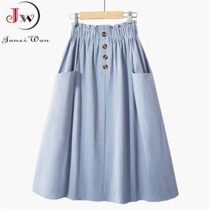 Women Summer Skirt Spring Korean Style Casual Solid High Waist A-Line Midi Skirts With Pocket Girls Elegant Faldas 220317