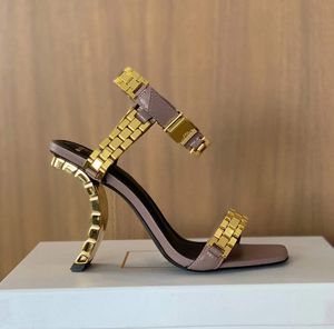 Sandaletle Roman Metalik Saat 105mm Kadın Gösterisi Lüks Tasarımcı Ayakkabı Yüksek Kaliteli Deri Yüksek Topuklu Fabrika Ayakkabı Boyutu 35-41 Kutu