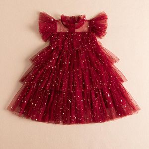 Girl's Dresses Summer Layers Cake Dress For Girls Star Ruffy Sleeve Tulle Tutu Kids Girl Red Year Ceremory Party Elegant