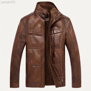 Autumn Winter Leather Jacket män varm fleece fodrad stativ krage faux chaquetas l220801