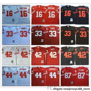 NCAA Vintage Retro #16 Joe Montana camisa 33 Roger Craig 44 Tom Rathman 87 Dwight Clark 42 Ronnie Lott Stitched Futebol Jerseys