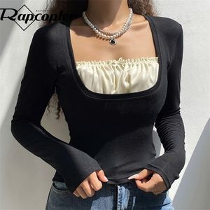 Ropter Y2K Frill Crop Top Bow Cute T Shirt Patched Black Full Sleeve Pullovers Retro Grunge Fairycore Koreanska Tee Kvinnor Chic 220408