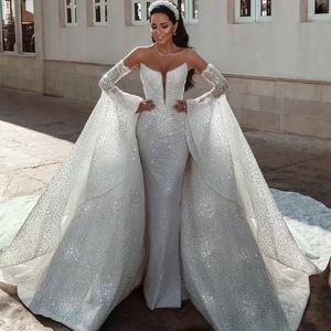 2022 Pailletten-Luxus-Perlen-Hochzeitskleid, abnehmbare Serie, langärmelig, langärmelig, trägerlos, Satin-Hochzeitskleid, Vestido De Novia B051711