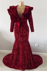 Sparkle Burgundy Sequined Prom Dresses RuffleS Sheer Jewel Neck Long Sleeve Mermaid Evening Gowns For African Girls Met Gala Evening Graduation Wears