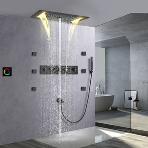 28x15インチLEDシャワーヘッドフォグレイン滝天井埋め込み浴室サーモスタットシャワー蛇口セット