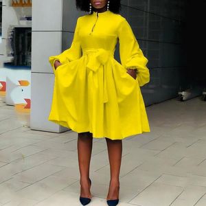 Casual Dresses 2022 Summer Plus Size Dress Yellow High midja A-Line Fashion Elegant Solid Color Lantern Sleeve Tutu kjol