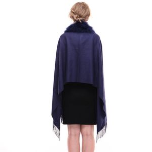 Shawls Lady Cashmere Cape Coat Real Ostrich Feather Fur Collar Party Poncho Navy Blue