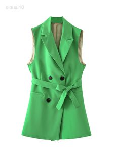 Women Long Green Vest With Belt Office Lady Suits 2022 New Fashion Simple V Neck Chic Female Jacket Office Lady Blazer L220725