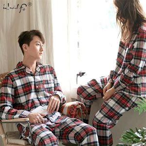 Plaid Print para piżamowa Zestaw jesień i Winte ciepłe bawełniane kobiety i mężczyźni piżamowi z długim rękawem, mężczyzna salon pijama t200813