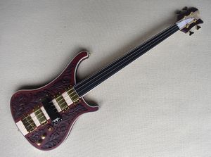 Fabrikspezifische rotbraune 4-Saiter-E-Bassgitarre mit bundlosem Hals und durchgehendem Korpus, Palisander-Griffbrett, Gold-Hardware, 3 Tonabnehmer, maßgeschneidertes Angebot