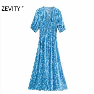Zevity New Women Elegant V Neck Flower Print Elastic Waist Midi Dress Lady Puff Sleeve Buckles Vestido Chic Party Dresses DS4223 210302