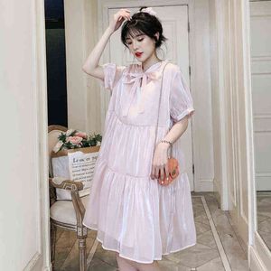 Summer Fashionable Sweet Maternity Dress Short Sleeves Bow Collar Pregnant Woman Organza Dress With Lining Pregnancy Clothing J220628