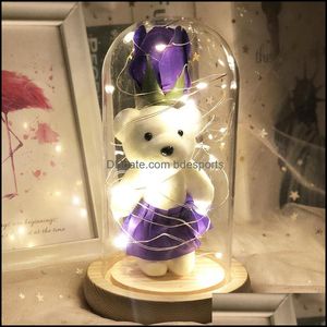 Party Favor Event Supplies Festive Home Garden Bear Cub Rose Glass Er Birthday Simation Flower Ornaments LED Light Valentine Day Gift Wedd