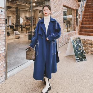 Wełniane mieszanki damskiej wełniana kurtka długa sekcja zima niebieska koreańska koronkowa talia moda lapowa duże kieszenie wysokiej jakości damskie płaszcz phyl