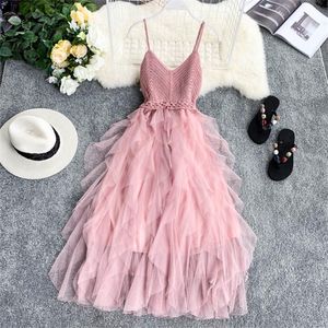 Wholesale womens tulle dresses for sale - Group buy Summer Sleeveless Sling Gauze Tulle Dress Women knit V neck Sexy Backless Long es Sweet Mesh Pink Party Vestidos