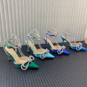 2022 Womens sandals leather sole designer high heels sky blue diamond chain decoration banquet women shoes silk face sexy shoe