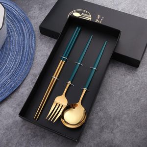 Dinnerware Sets 3pcs/set Stainless Steel Spoon Fork Chopstick Knife Set With Storage Gift Box Coffee Dessert Kitchen Tableware SetDinnerware