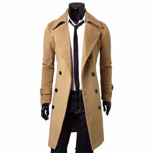 Men's Solid Color Wool Coat England Middle Long Coats Jackets Slim Fit Male Autumn Winter Overcoat Woolen Coat Plus Size M-4XL