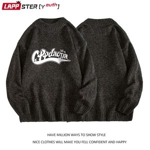 Lappster-jovens homens manga longa o-pescoço preto suéteres carta harajuku moda pullovers homem streetwear camisola de malha 220812