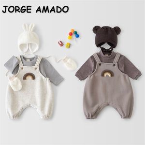 Korean Style Spring Baby Girls Boys Romper Grey Coffee Jumpsuit+Striped Long Sleeves T-shirt Pullover Child Clothes E2105 220509