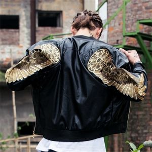 Herbst Winter Klassische Marke Männer Bomber Lederjacken Rot Schwarz PU Outwear Gold Wings Stickerei Punk Motorrad Slim Mantel 201126