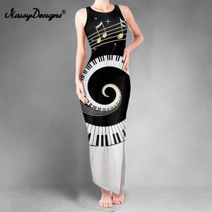 Noisydesigns High 2 Split Long Dress Sexy Women O Neck Bodycon Summer Holiday Beach White Music Note Print Swimwear Robe Formal 220627