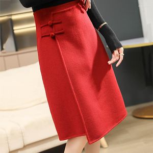 Spódnice Zimowa damska tkanina z czystej wełny spódnica z chińskim dekoracją węzłów miękkie wysokiej jakości ciepłe, grube spódnice