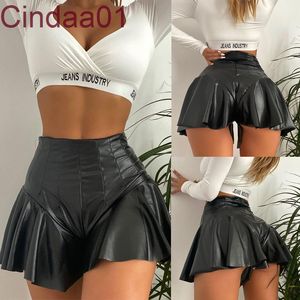 PU Leather Casual Shorts Women Pleated Skirt Buttock A-line Ruffle Short Leather Skirts
