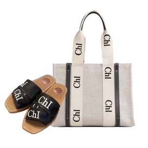 캔버스 토트 가방 패션 패치 워크 디자인 어깨 가방 여자 편지 인쇄 핸드백 및 슬리퍼 세트