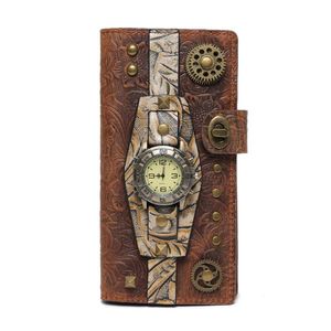 Wallets Steampunk Men's Long Wallet Cow Leather Hand Purse Women's Portfel Cartera Mujer Card Holder Phone Bag Watch Money BagWallet