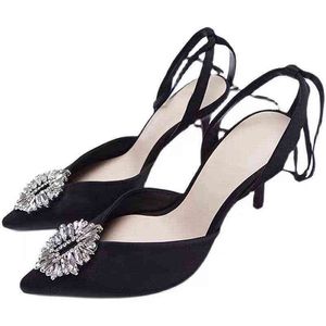2022 Spring New Women's Black Shoes Rhinestone Pointed Toe Ankle Strap Wedding Shoes High Heel Sandals for Women G220527