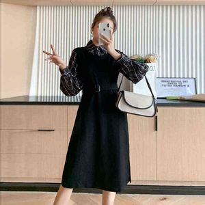 Autumn Postpartum Woman Nursing Dress Long Sleeves Black Elegant Pregnant Women Dress TurnDown Collar Plaid Patchwork Dress J220628