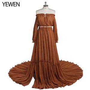 Two Pieces Gown Maternity Dresses Long Sleeves Side Slit Photography Dress Cotton Maxi Dress Yewen YD J220628