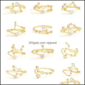 Band Rings Jewelry New 12 Constellations Ring Fashion Open Lucky Best Friend Gift Gold Color Diamond Zodiac Drop Delivery 2021 Dvmfy