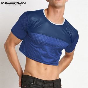 Mode Crop Tops Patchwork See Through Sexy Short Sleeve T Shirts Streetwear Party Niglub Men Clothing Incerun 5xl 220610