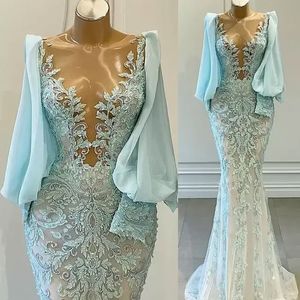 One pcs 2022 Plus Size Arabic Aso Ebi Mermaid Lace Beaded Prom Dresses Sheer Neck Long Sleeves Evening Formal Party Second Reception Gowns C0418